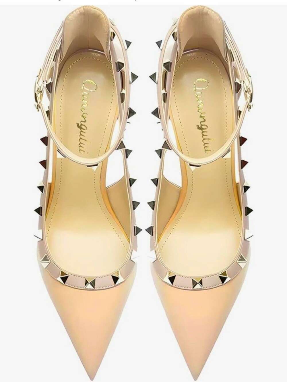 Studded Pointed-Toe Ankle-Strap Flats in Nude - Valentino-style 7.5
